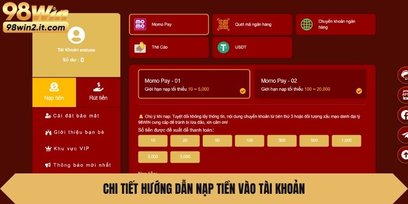 Chi tiết hướng dẫn nạp tiền vào tài khoản